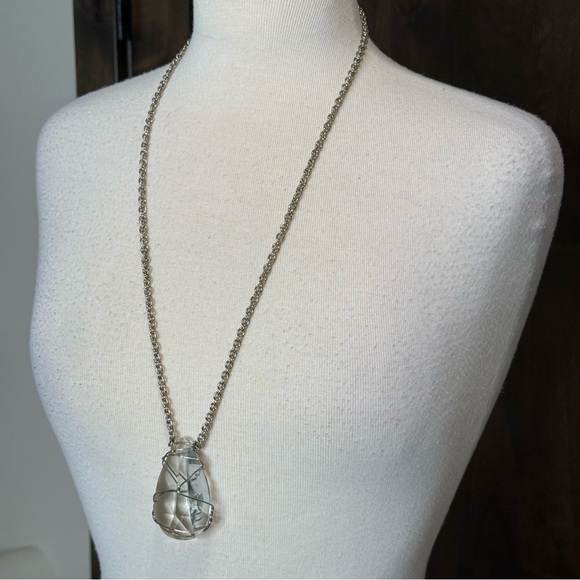 Silver Teardrop wire wrapped Crystal Pendant statement Necklace whimsical - Picture 1 of 4